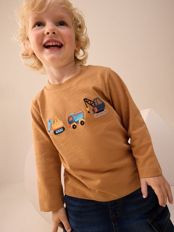 Mustard Yellow Digger Transport Long Sleeve Appliqué T-Shirt (3mths-7yrs)