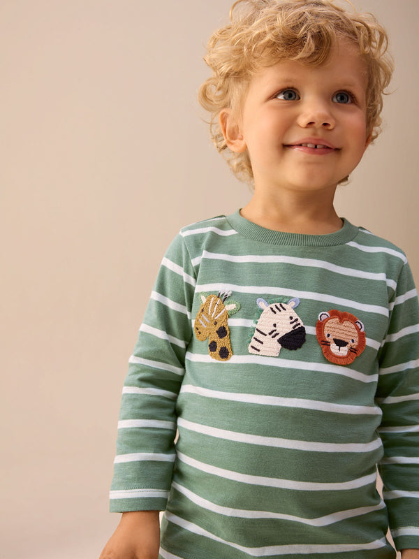 Green/White Stripe Safari Long Sleeve Appliqué T-Shirt (3mths-7yrs)