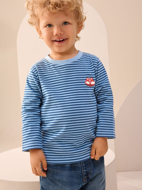 Blue/Navy Stripe Fox Long Sleeve Appliqué T-Shirt (3mths-7yrs)