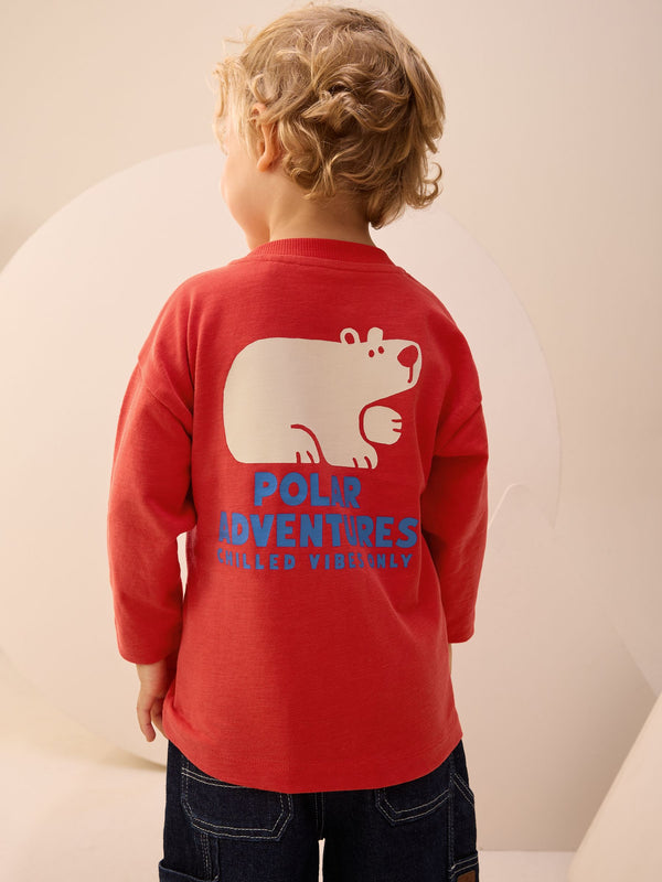 Red Polar Bear Long Sleeve Back Print T-Shirt (3mths-8yrs)