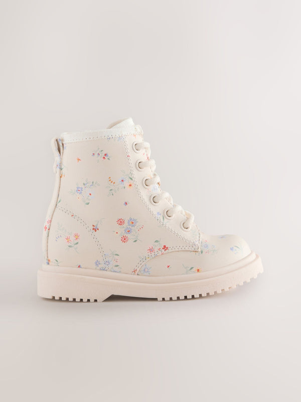 Cream Floral Wide Fit (G) Lace-Up Ankle Boots