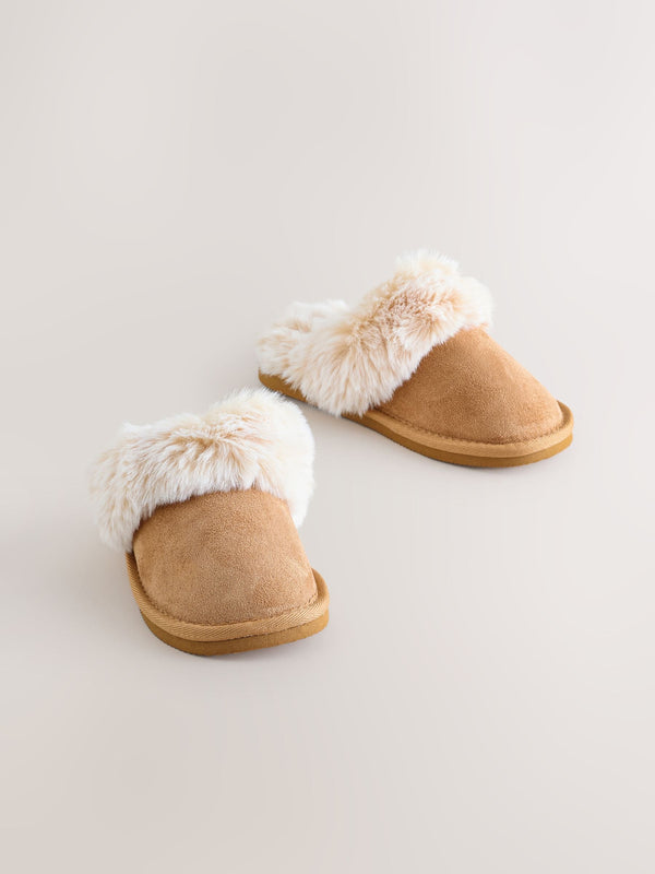 Tan Brown Warm Lined Mule Slippers