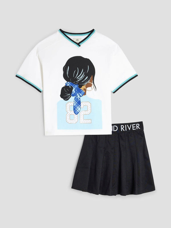 River Island Black 100% Cotton Top & Pleated Skirt Set
