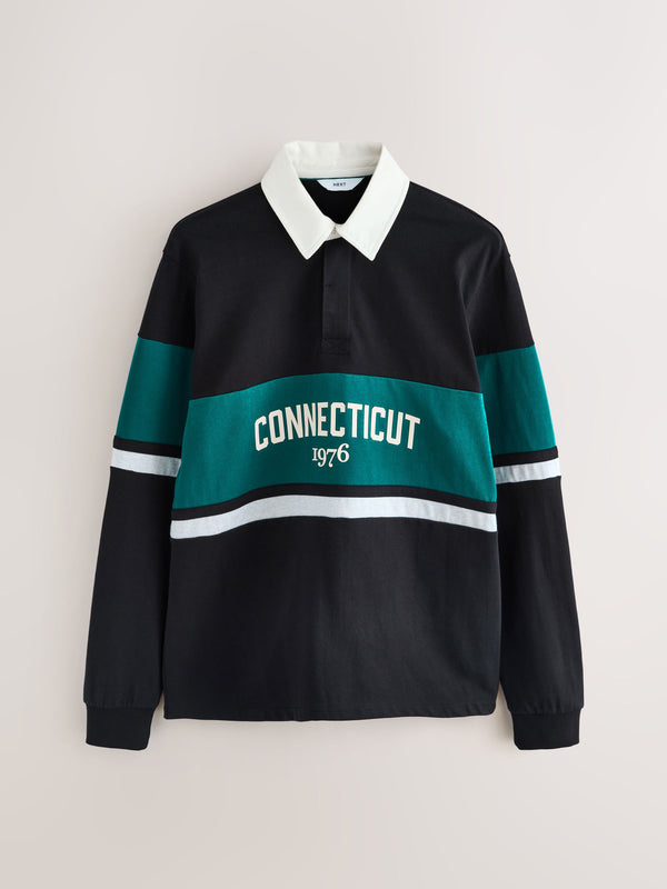 Black/Teal Blue Block Rugby Shirt