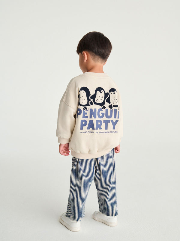 Ecru White Penguin Single Sweatshirt And Stripe Joggers Set (3mths-7yrs)
