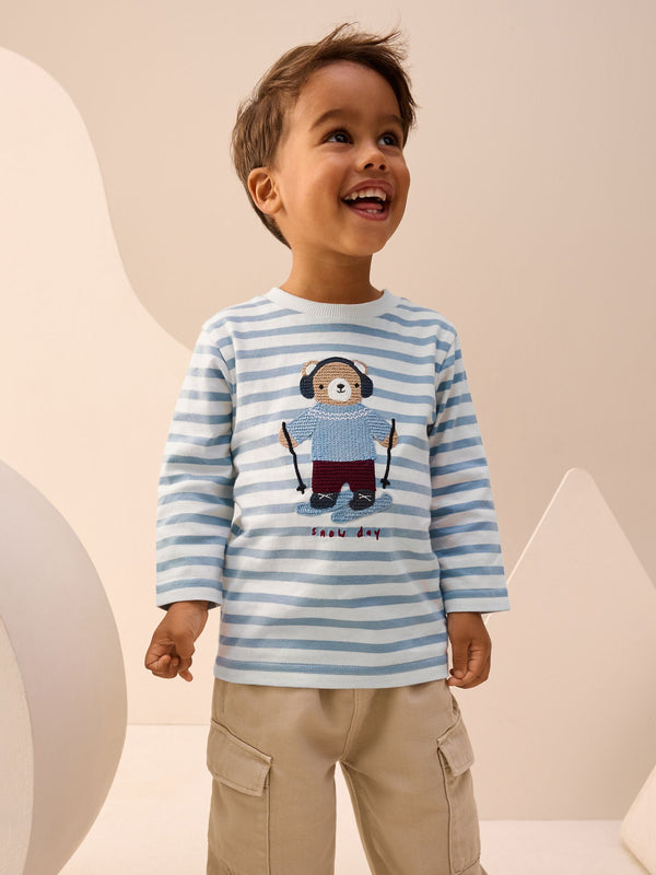 White/Blue Skiing Bear Long Sleeve Appliqué T-Shirt (3mths-7yrs)