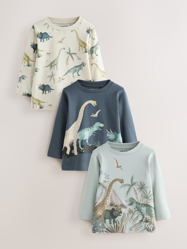 Mineral Watercolour Dinosaur Long Sleeve Graphic Print T-Shirts 3 Pack (3mths-7yrs)