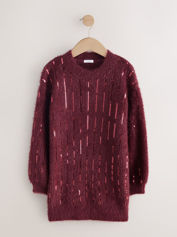 Burgundy Red Stripe Sequin Christmas Jumper Dress (3-16yrs)