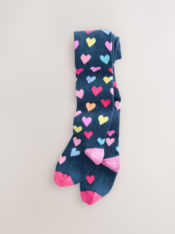 Navy Blue/Multi Cotton Rich Heart Print Tights 1 Pack