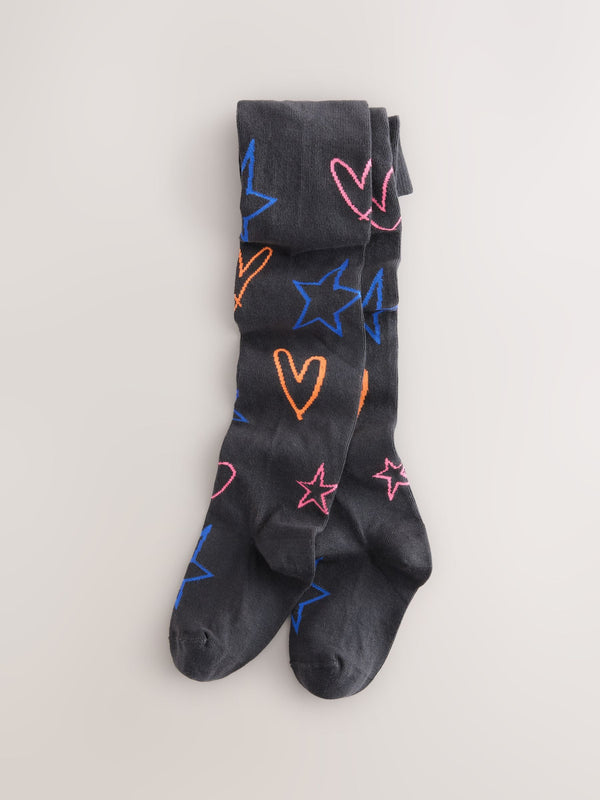 Charcoal Grey Cotton Rich Heart Print Tights 1 Pack