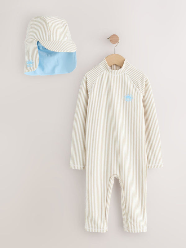 Neutral Stripe Sunsafe Swimsuit and Hat Set (3mths-7yrs)