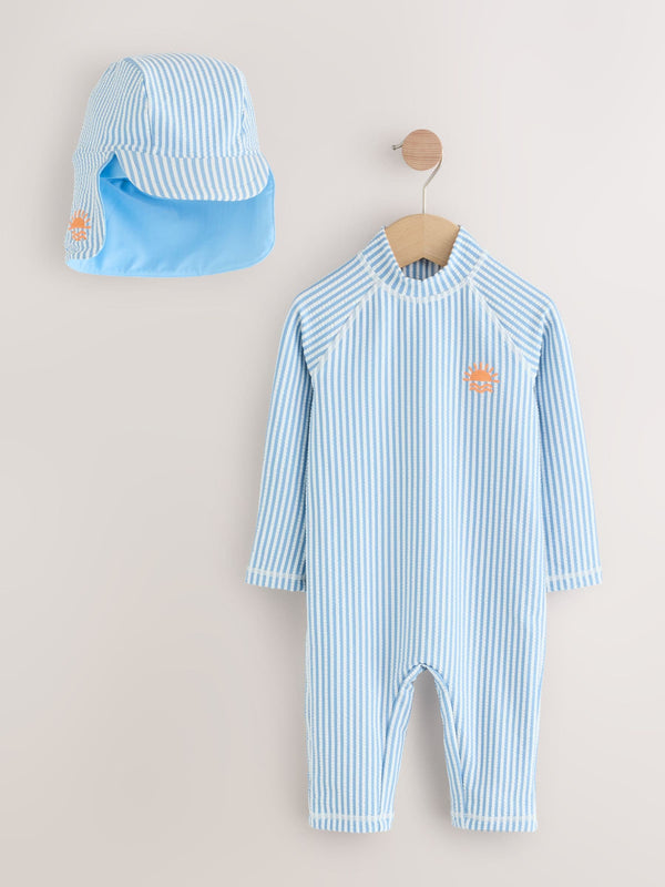 Light Blue Stripe Sunsafe Swimsuit and Hat Set (3mths-7yrs)