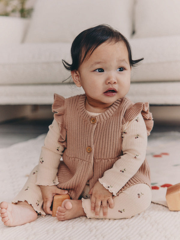 Neutral Cherry Baby Knitted Gilet, Long Sleeve Top and Leggings 3 Piece Set (0mths-3yrs)