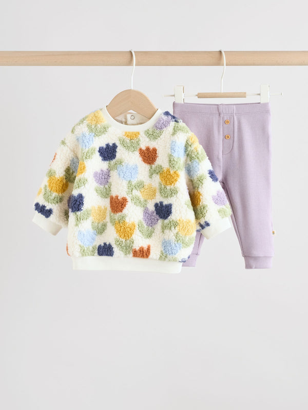 Cream/Purple Tulip Baby Fleece Tops and Leggings Set 2 Piece (0mths-2yrs)