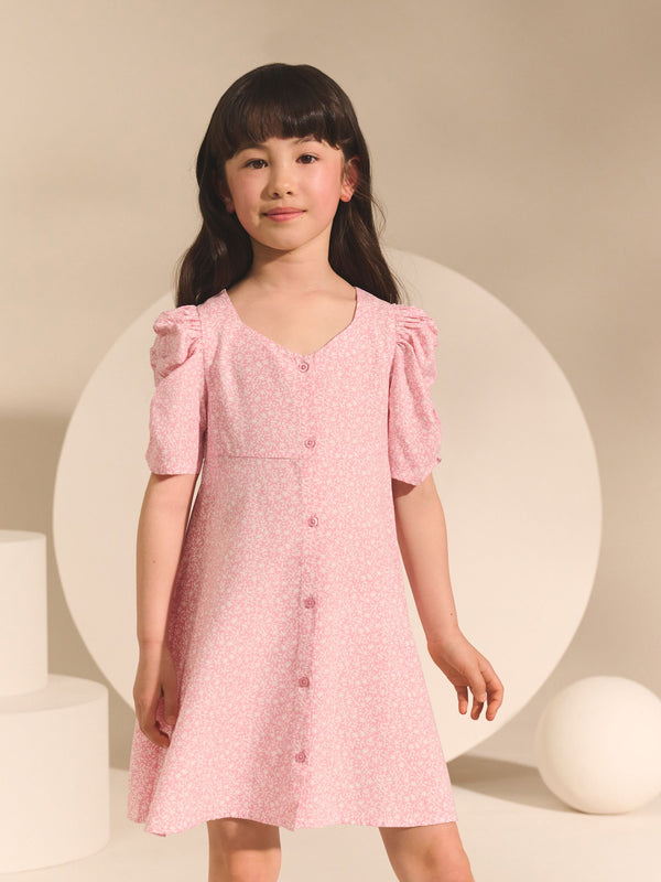 Pink Ditsy Shirred Sleeve Dress (3-16yrs)