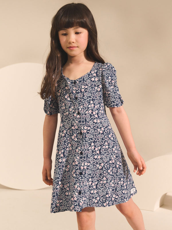 Navy Blue Ditsy Shirred Sleeve Dress (3-16yrs)