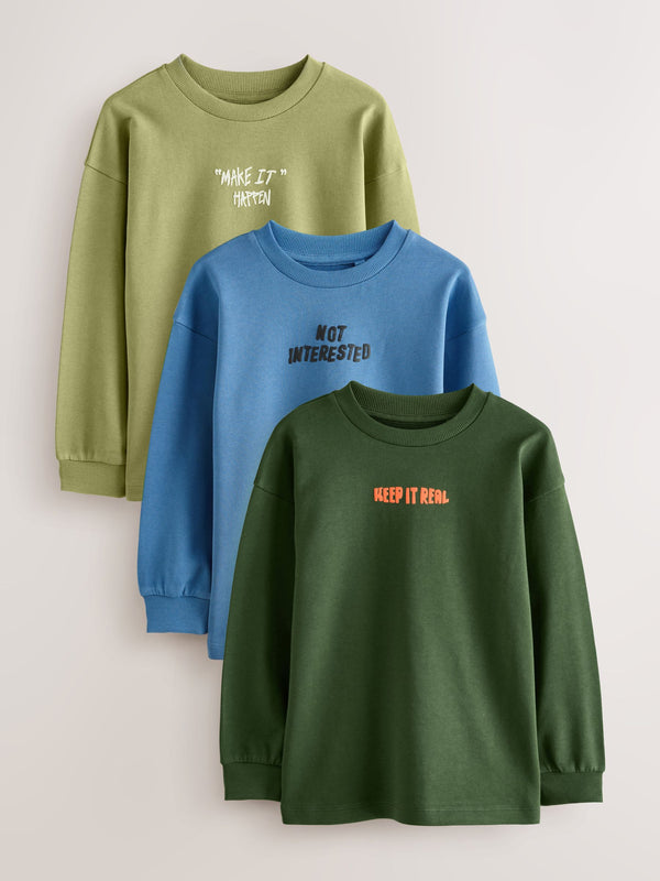 Blue/Green Graphic Relaxed Fit Long Sleeve Heavyweight T-Shirts 3 Pack (3-16yrs)
