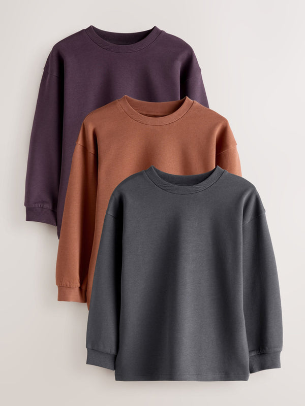 Charcoal/Berry/Tan Relaxed Fit Long Sleeve Heavyweight T-Shirts 3 Pack (3-16yrs)