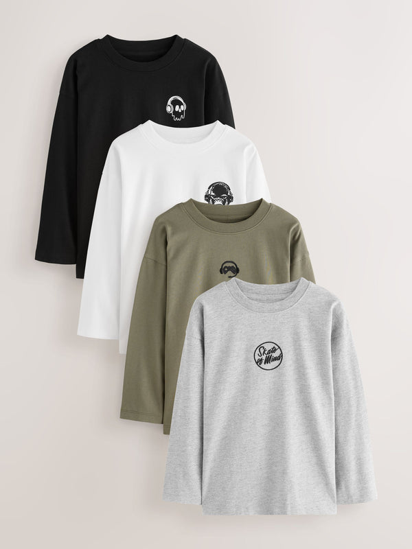 Black/White/Grey Marl/Khaki Long Sleeve Small Graphic T-Shirts 4 Pack (3-16yrs)