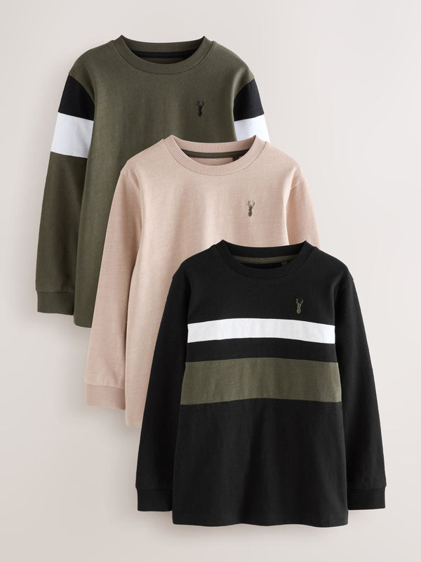 Black/Khaki/Stone Long Sleeve Colourblock T-Shirts 3 Pack (3-16yrs)