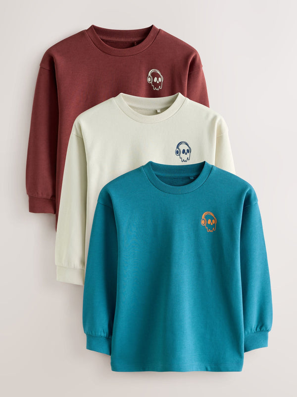 Blue/Berry/Ecru Graphic Relaxed Fit Long Sleeve Heavyweight T-Shirts 3 Pack (3-16yrs)