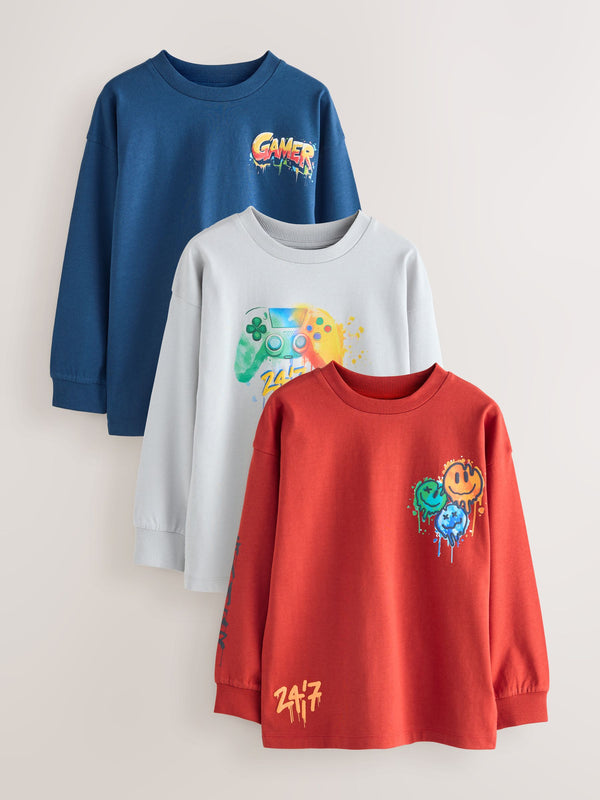 Navy/Grey/Red Gamer Relaxed Fit Graphic Print Long Sleeve T-Shirts 3 Pack (3-16yrs)