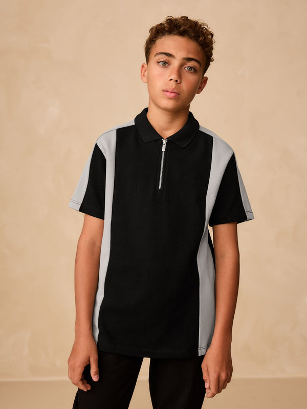 Black/Grey Zip Neck Textured Colourblock Polo Shirt (3-16yrs)