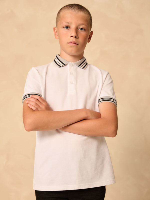 White Stripe Tipped Collar Short Sleeve Polo Shirt (3-16yrs)