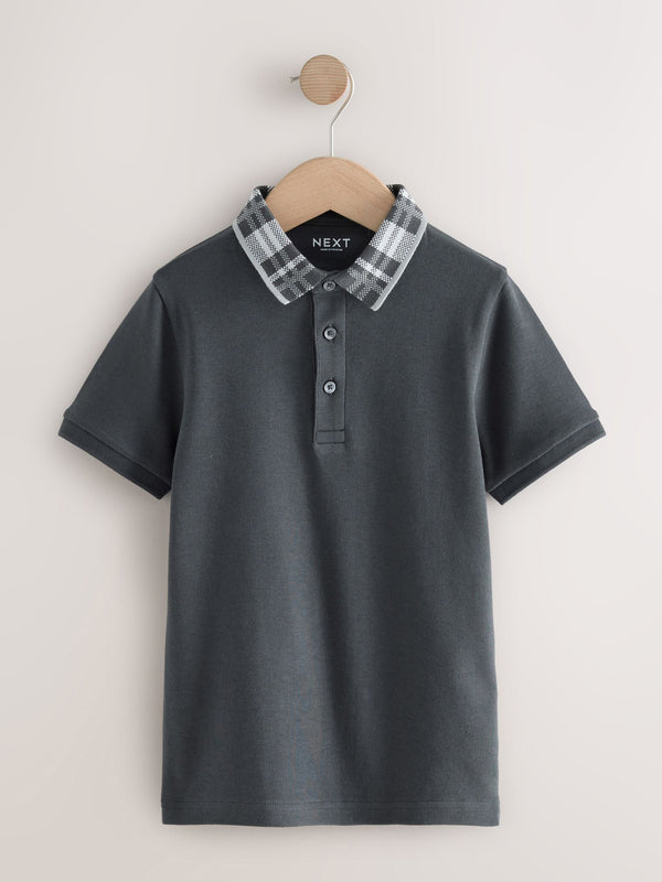 Charcoal Grey Check Collar Short Sleeve Polo Shirt (3-16yrs)