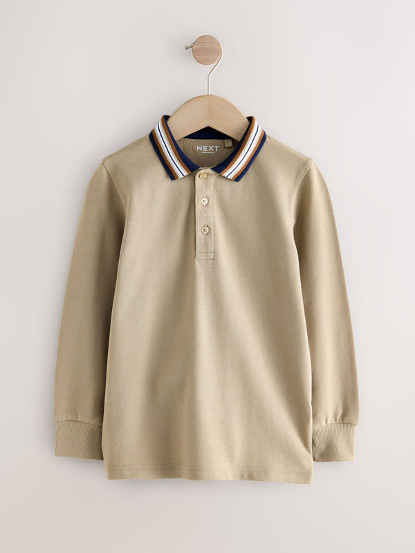 Stone Stripe Tipped Collar Long Sleeve Polo Shirt (3-16yrs)