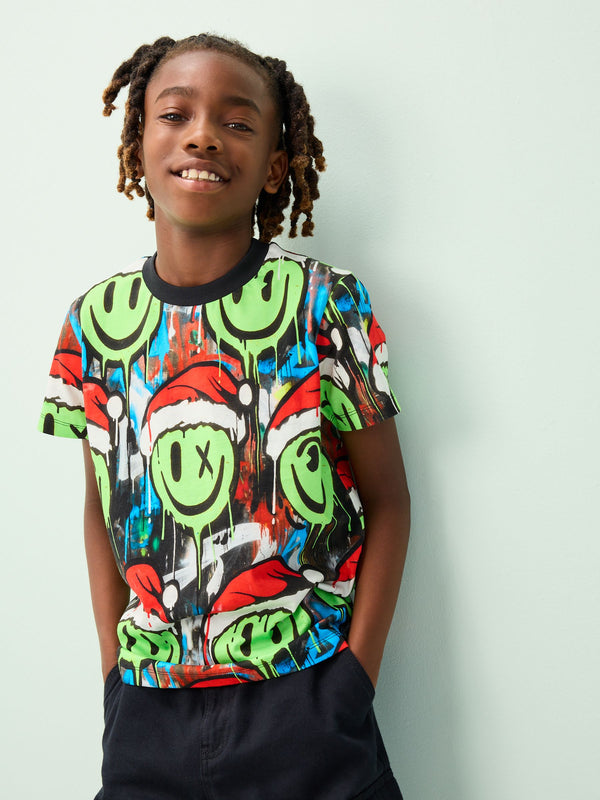 Multi Graffiti Smile Christmas Short Sleeve T-Shirt (3-16yrs)