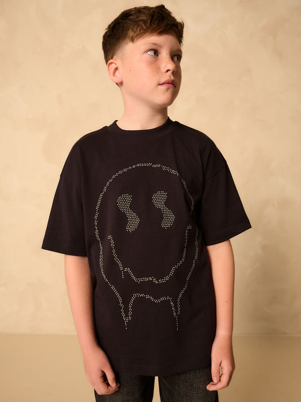 Black Stud Smile Relaxed Fit Short Sleeve Graphic Print T-Shirt (3-16yrs)