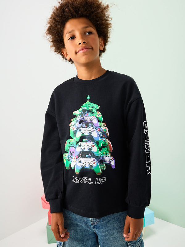 Black Heavyweight Controller Christmas Long Sleeve T-Shirt (3-16yrs)