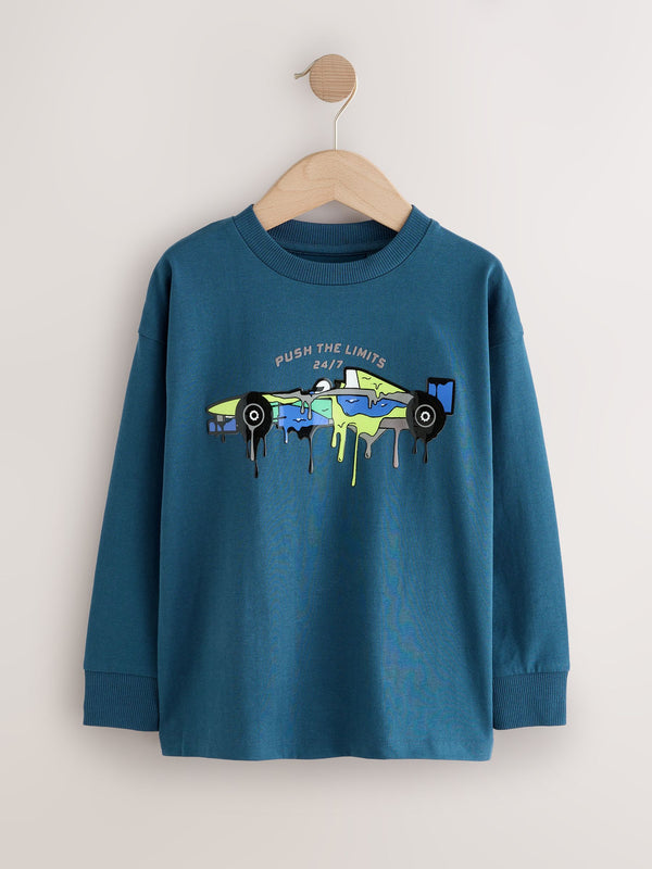 Navy Blue Racing Car Relaxed Fit Graphic Print Long Sleeve Cotton T-Shirt (3-16yrs)