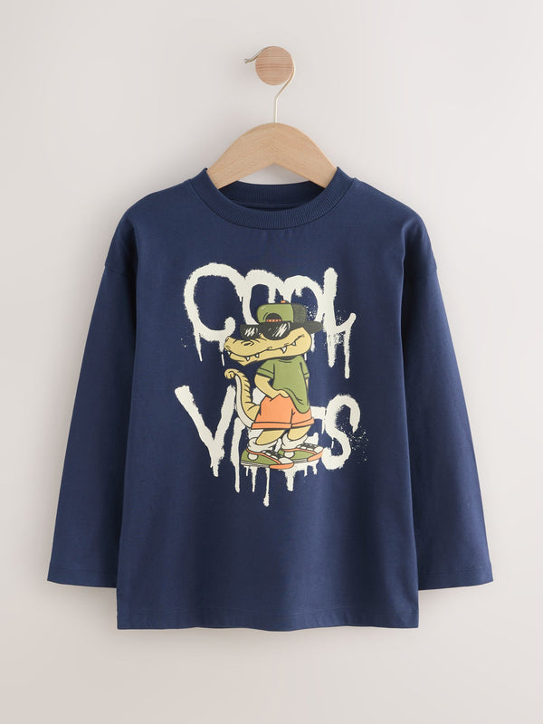 Navy Blue Crocodile Relaxed Fit Graphic Print Long Sleeve Cotton T-Shirt (3-16yrs)