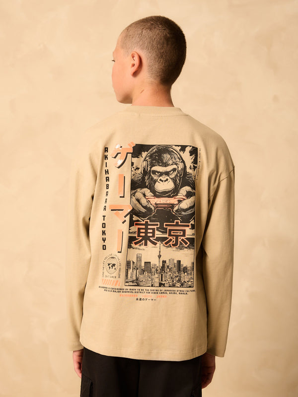 Stone Gorilla Gamer Relaxed Fit Graphic Print Long Sleeve Cotton T-Shirt (3-16yrs)