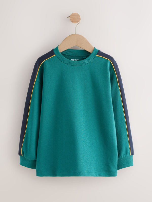 Green/Black Relaxed Fit Heavyweight Long Sleeve Colourblock T-Shirt (3-16yrs)