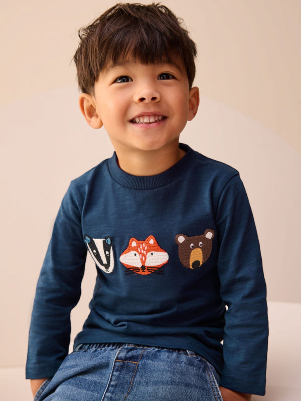 Blue Woodland Animal Long Sleeve Appliqué T-Shirt (3mths-7yrs)