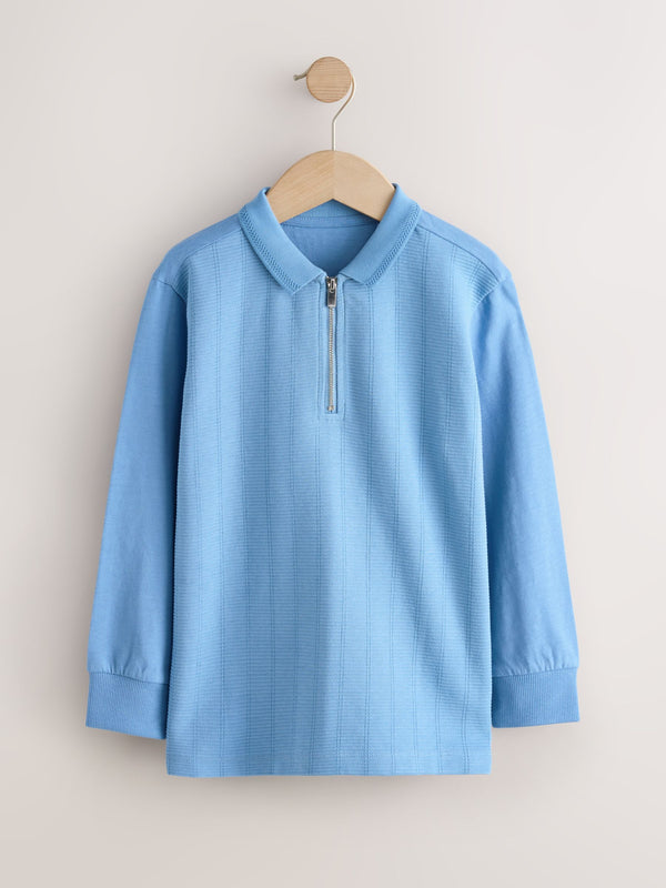 Light Blue Zip Neck Textured Long Sleeve Polo Shirt (3-16yrs)