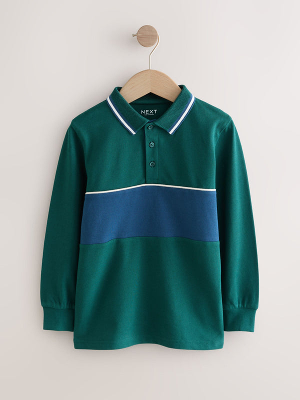 Green Long Sleeve Colourblock Polo Shirt (3-16yrs)