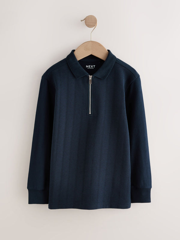 Navy Blue Zip Neck Textured Long Sleeve Polo Shirt (3-16yrs)
