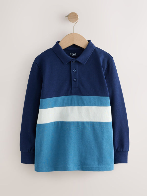 Blue Long Sleeve Colourblock Polo Shirt (3-16yrs)