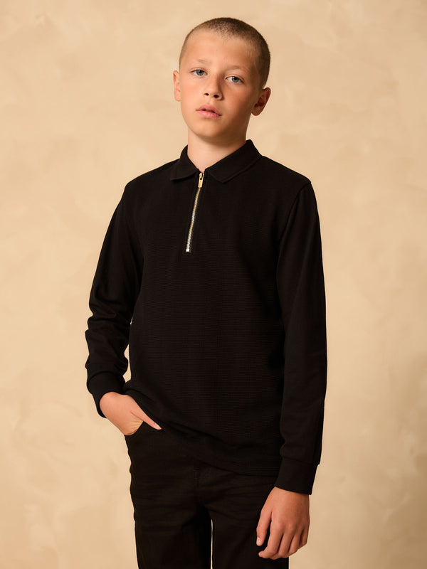Black Zip Neck Textured Long Sleeve Polo Shirt (3-16yrs)