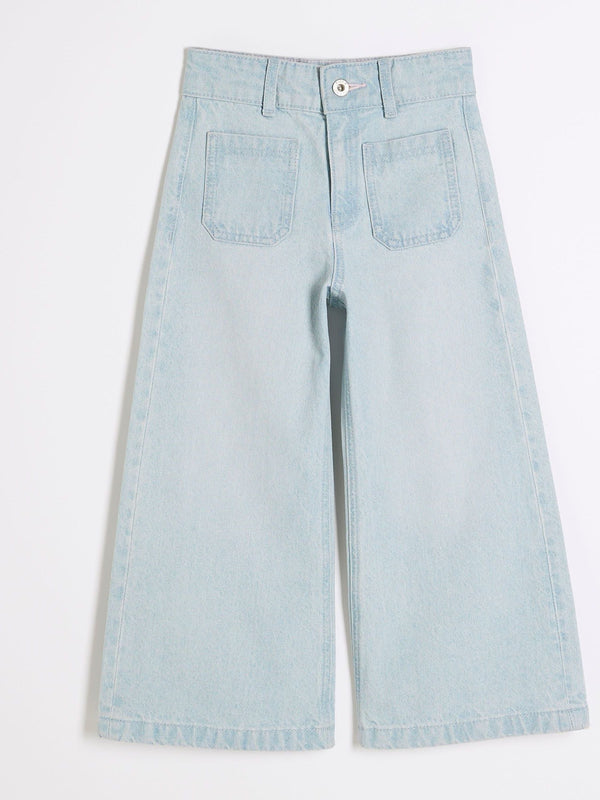 River Island Blue Denim 100% Cotton Cropped Wide Leg Jeans