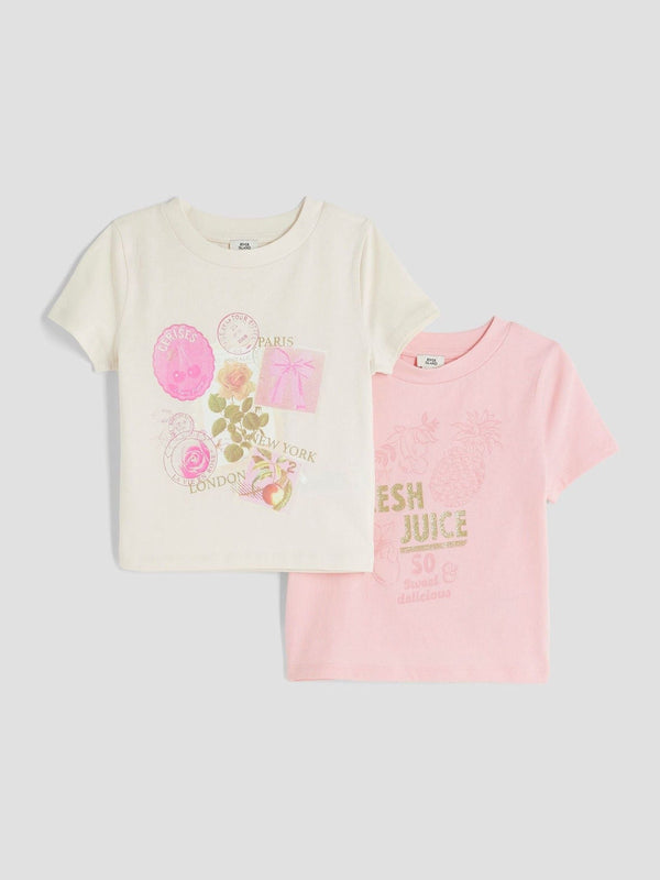 River Island Pink Postcard Print 100% Cotton T-Shirts 2 Pack