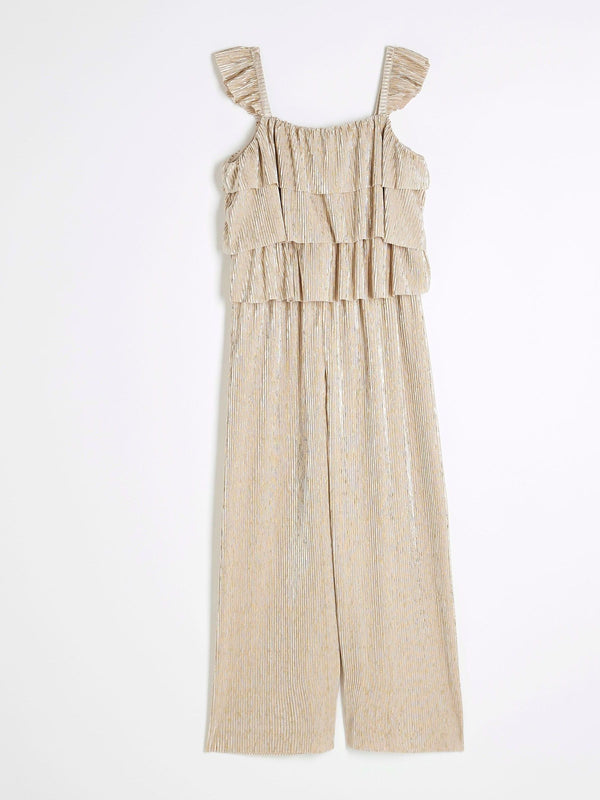 River Island Gold Plisse Ruffle Jumpsuit