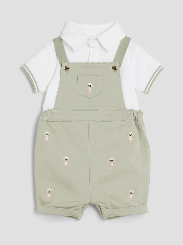 River Island Beige Bear Dungaree Shorts Set