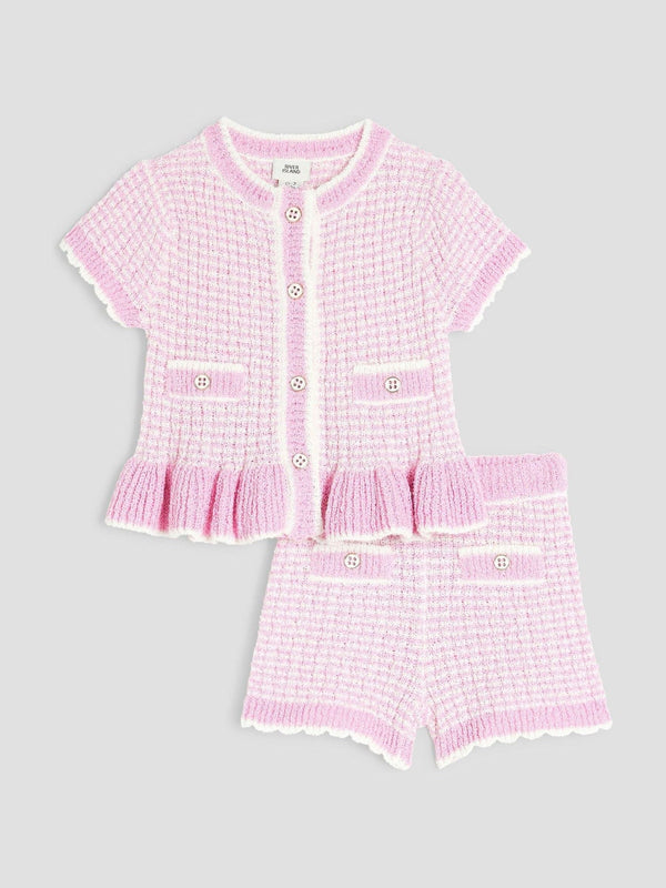 River Island Pink Boucle Peplum Knit Top And Short Set