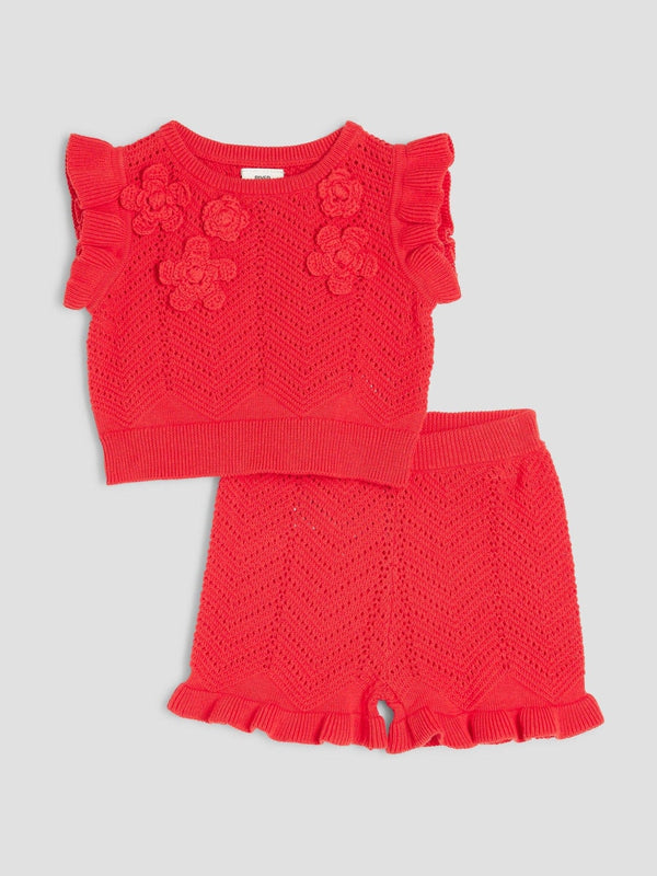 River Island Red Flower Crochet 100% Cotton Shorts Set