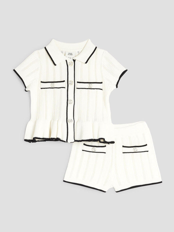 River Island Cream Boucle Peplum Knit Top And Short Set
